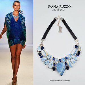 Designer Necklace Silver Leather Genuine Stones Blue Agate Pearls